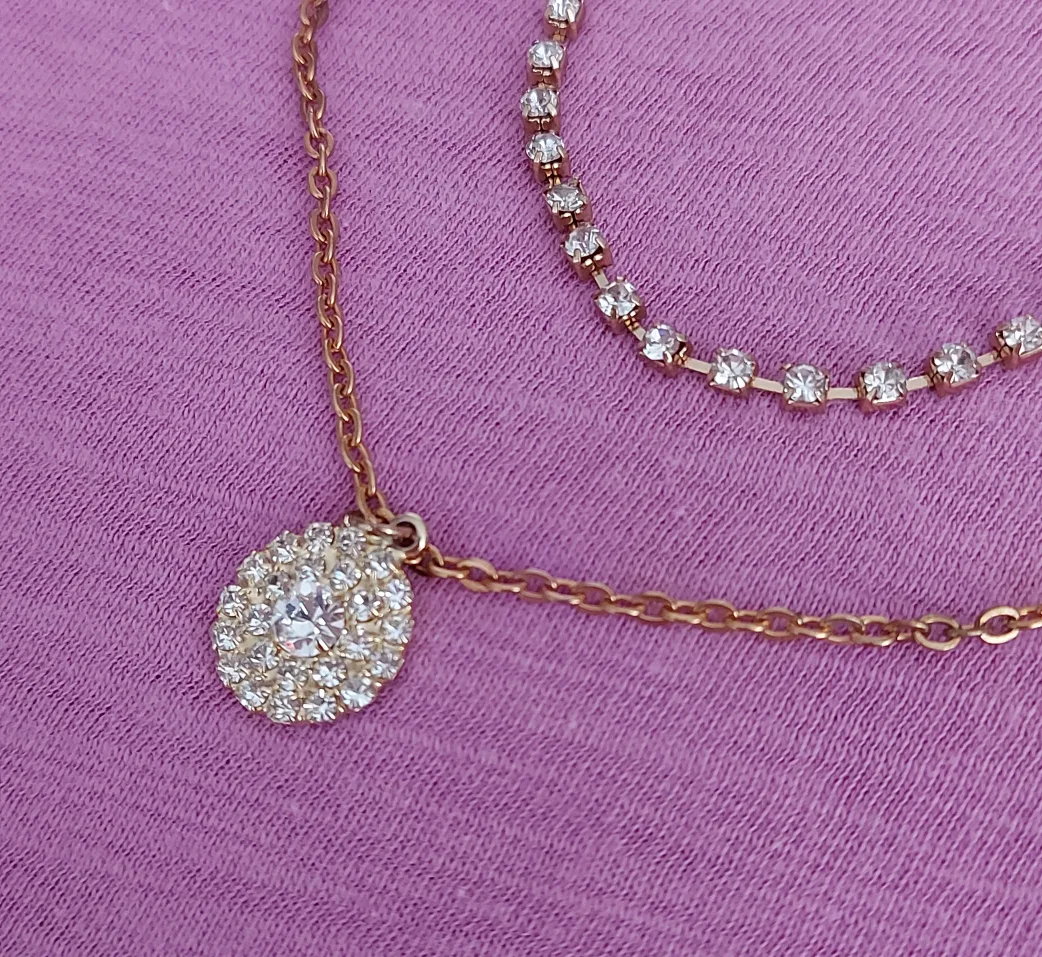 Gold Tone Layered Necklace with Rhinestones image indicator(2)