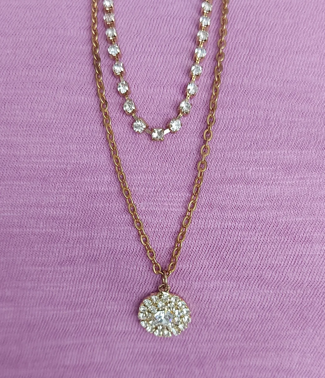 Gold Tone Layered Necklace with Rhinestones thumbnail