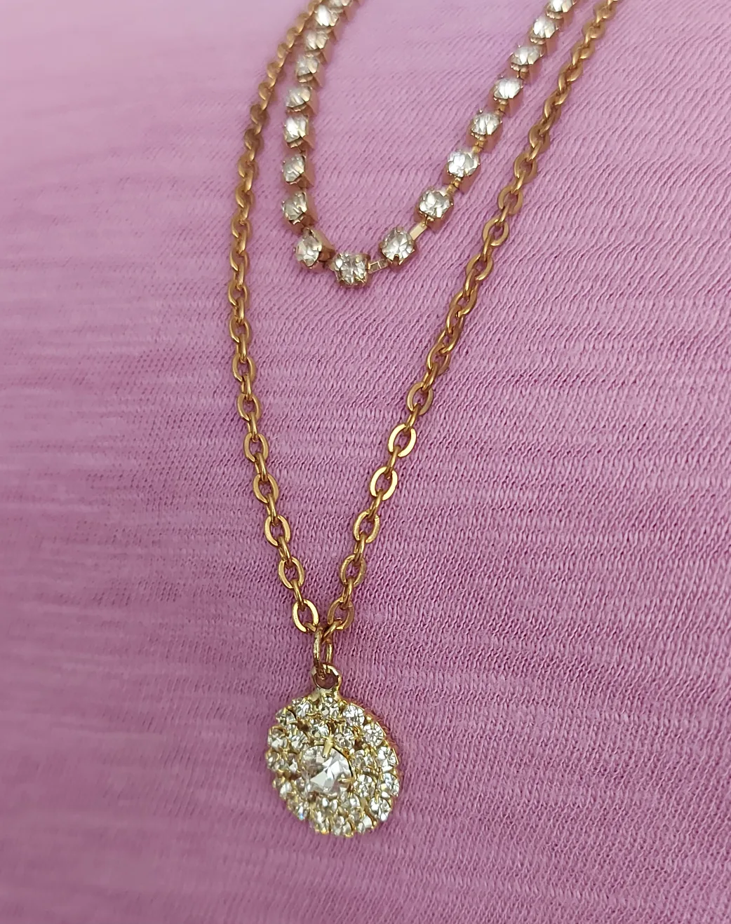 Gold Tone Layered Necklace with Rhinestones image indicator(4)