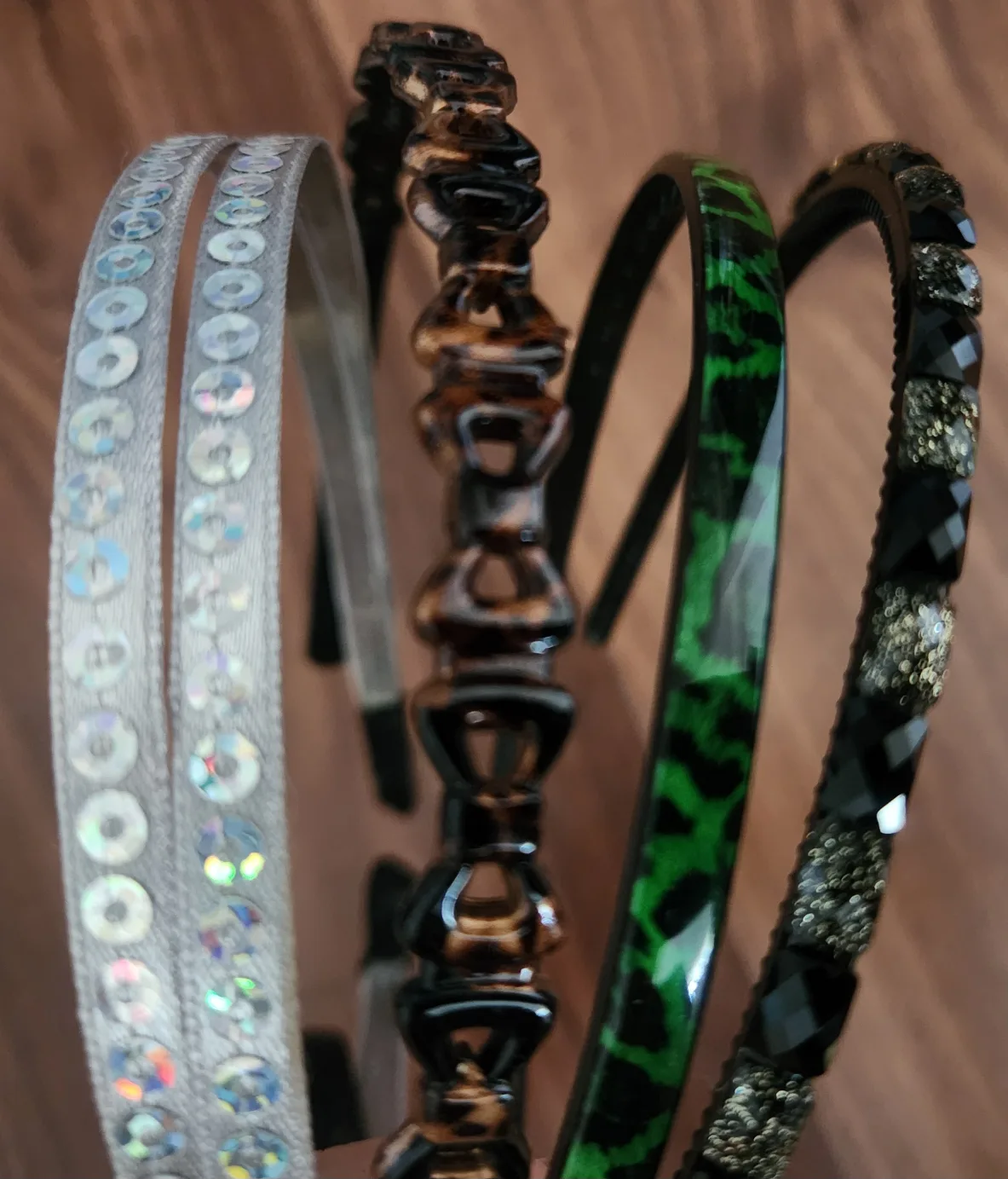 Set of 4 Headbands - Silver, Leopard, Green, Black thumbnail