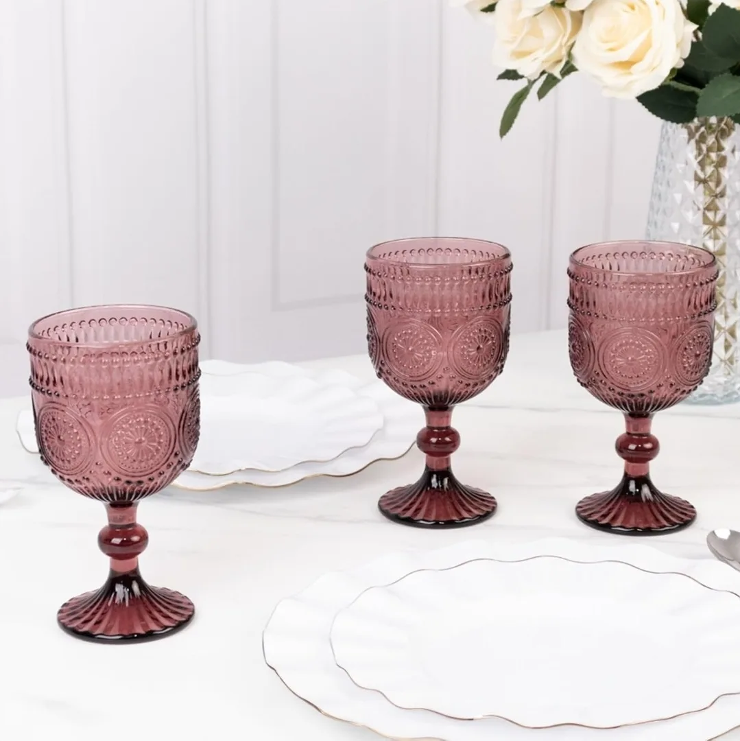 Dusty Rose Embossed Goblet Wine Glasses - Set of 6🥕 thumbnail