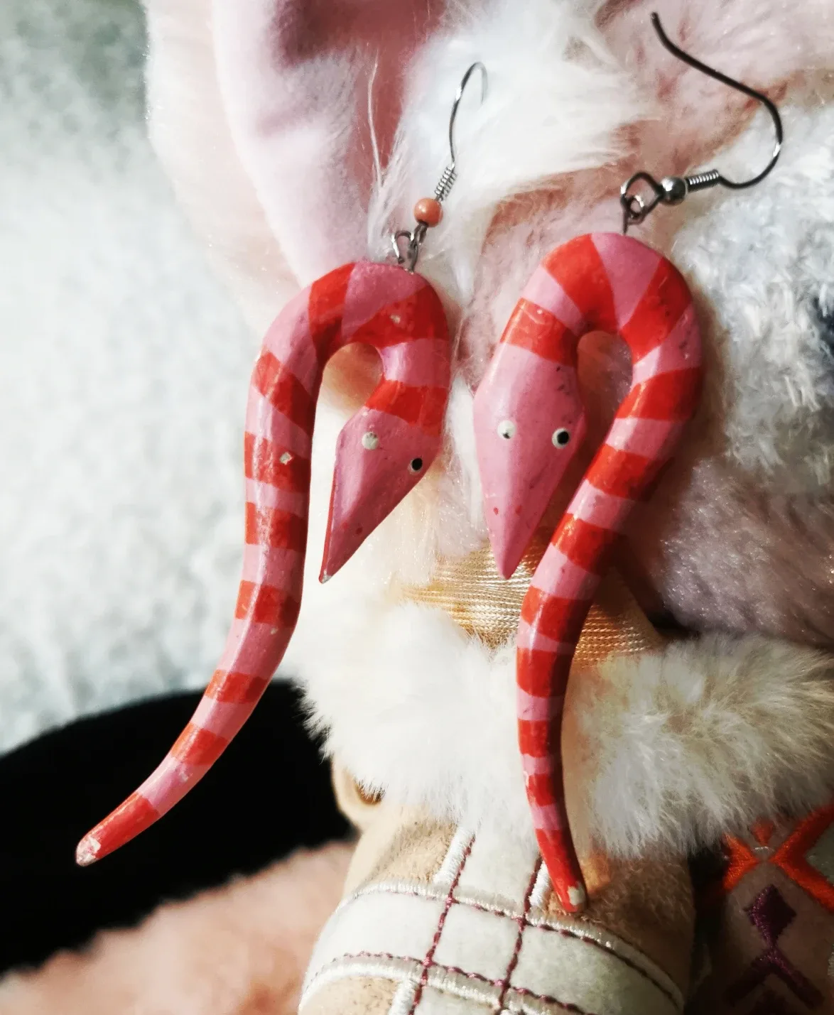 Handmade Worm Earrings - Pink & Red Stripes thumbnail
