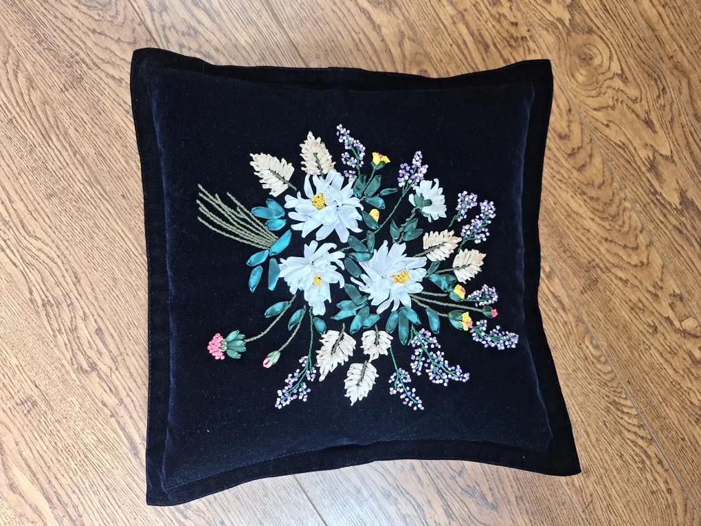 Floral Embroidered Throw Pillow Cover- Black Velvet thumbnail