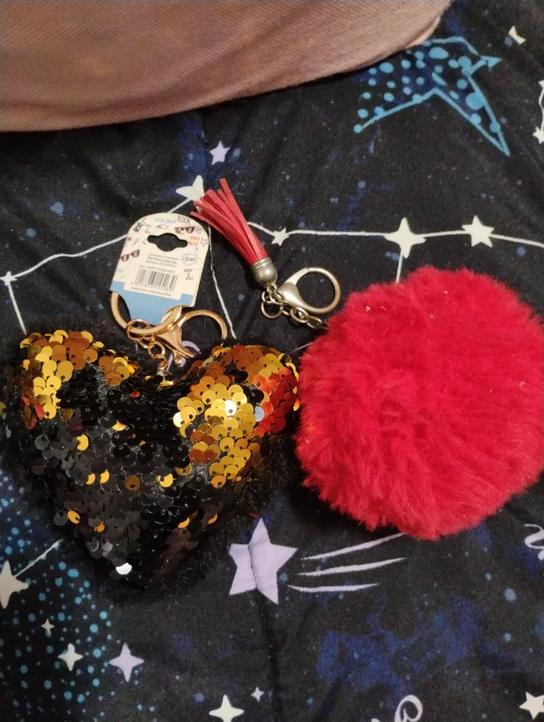 Heart Sequin & Red Pom Pom Keychain Set thumbnail