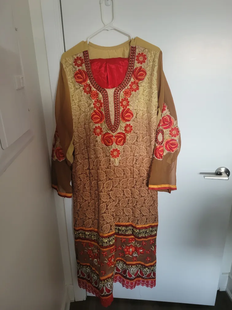 Embroidered Brown & Beige Dress thumbnail