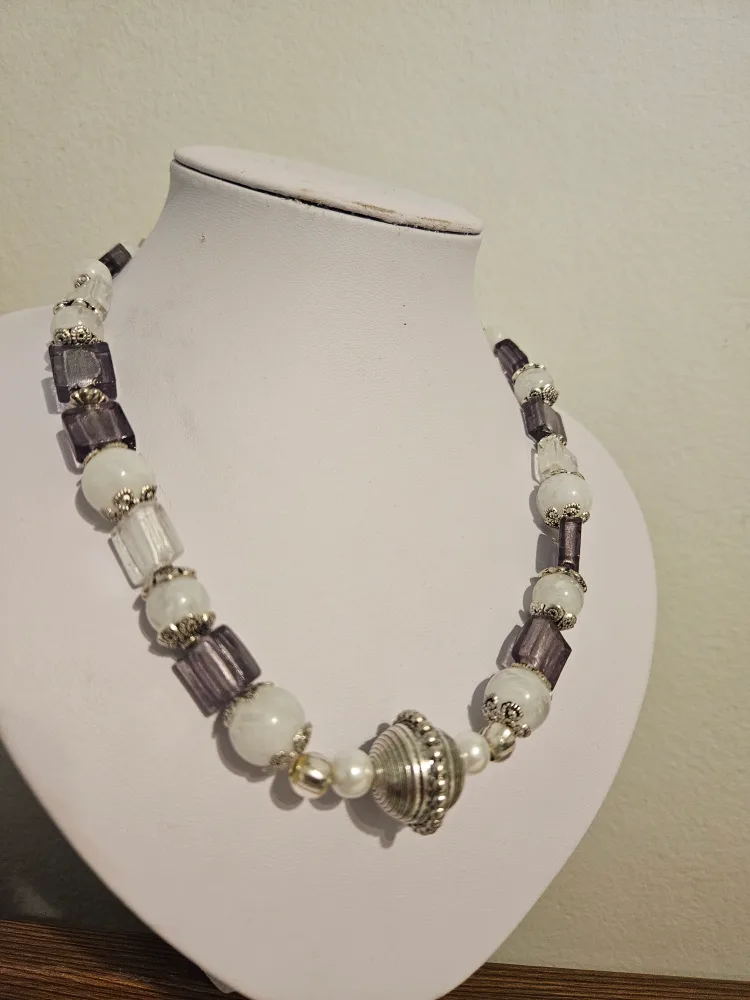 Beaded Necklace - White, Purple, Silver thumbnail