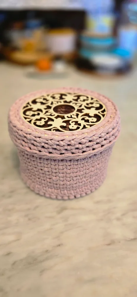 Handmade Crochet fabric Basket with Wooden Lid and bottom thumbnail