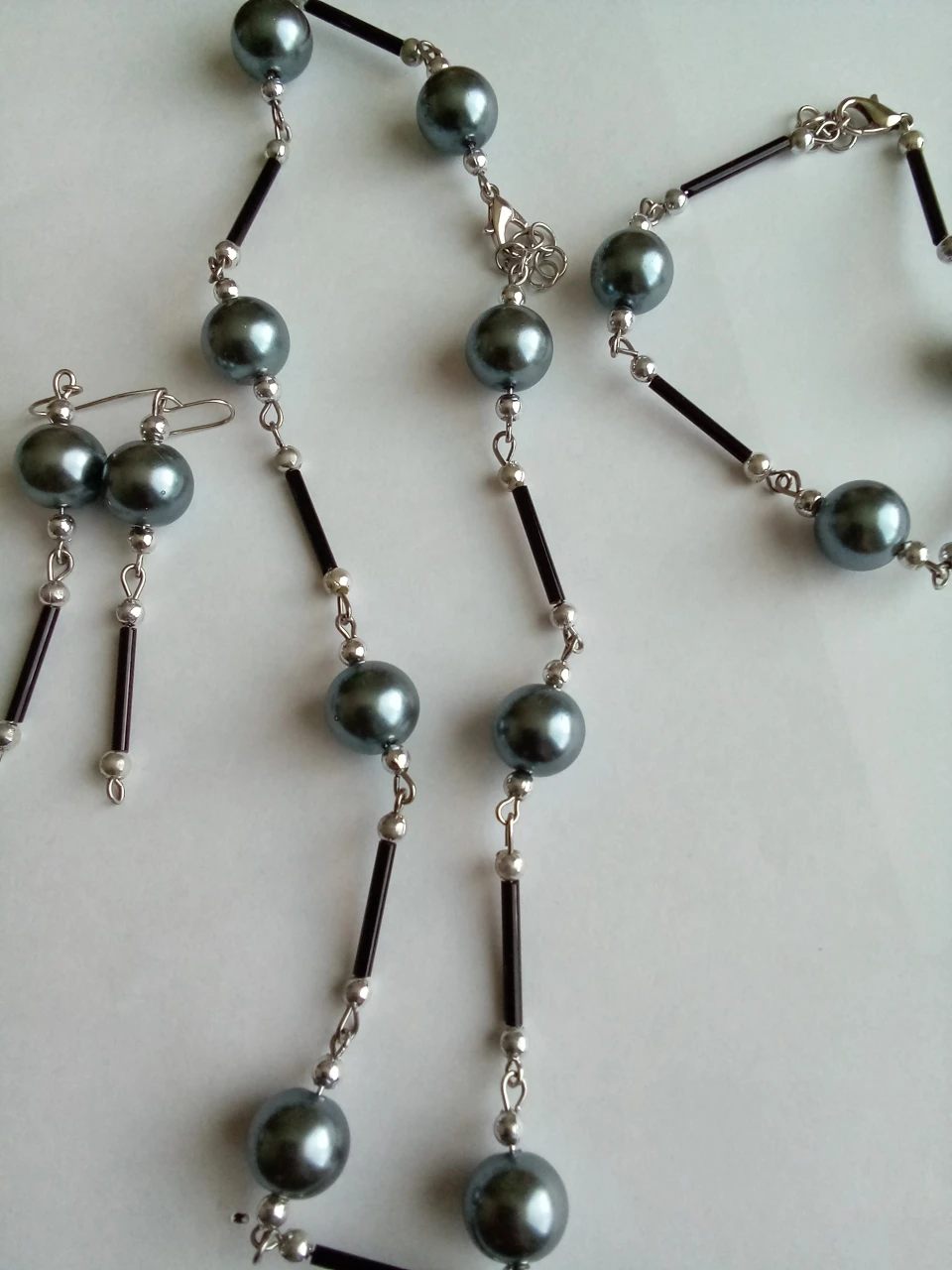 Pearl and blue Bead Necklace & Earring Set