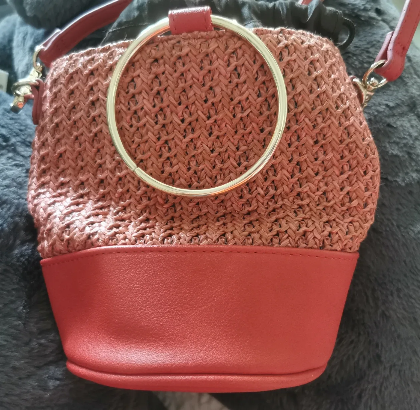 Coral Woven Bucket Bag with Ring Handle thumbnail