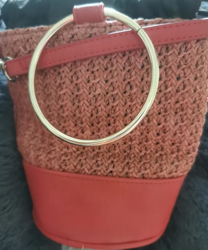 Coral Woven Bucket Bag with Ring Handle image indicator(2)