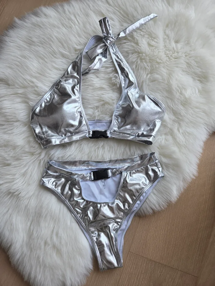 Silver Halter Bikini Rave Set, Size Small thumbnail