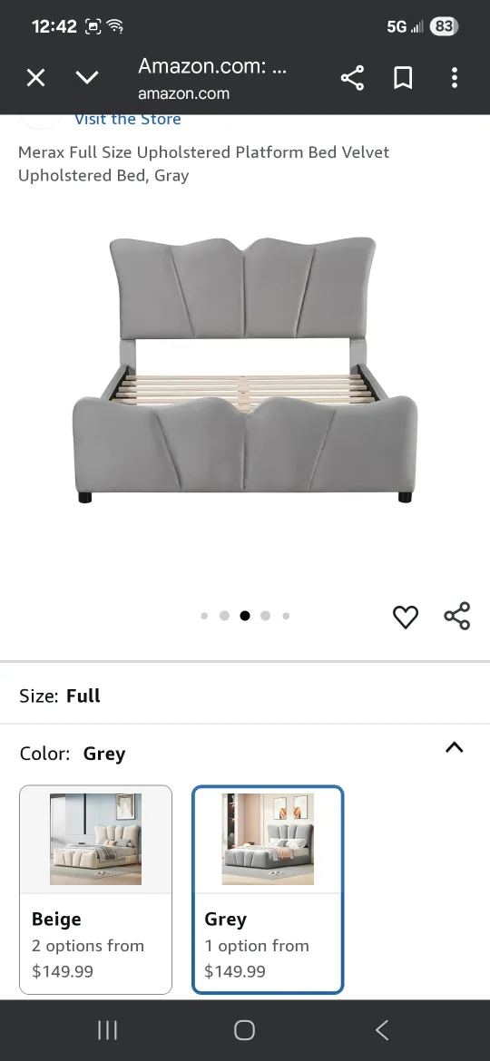 Merax Full Size Grey Velvet Upholstered Bed thumbnail