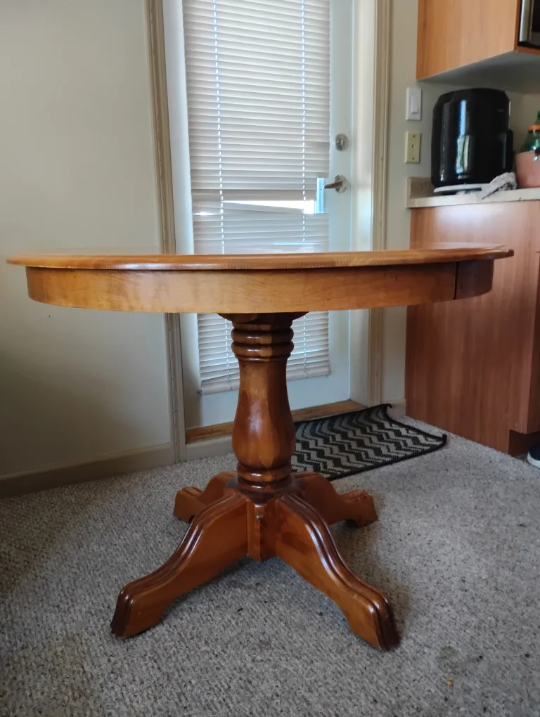 Round Oak Wooden Dining Table with 2 Extensions and 2 Chairs image indicator(2)