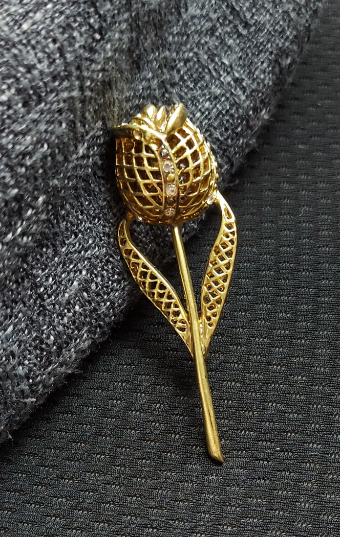 Gold Tone Tulip Brooch with Rhinestones thumbnail