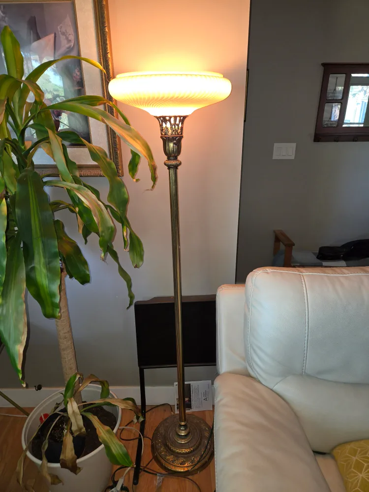 Vintage Brass Floor Lamp with Ribbed Glass Shade thumbnail