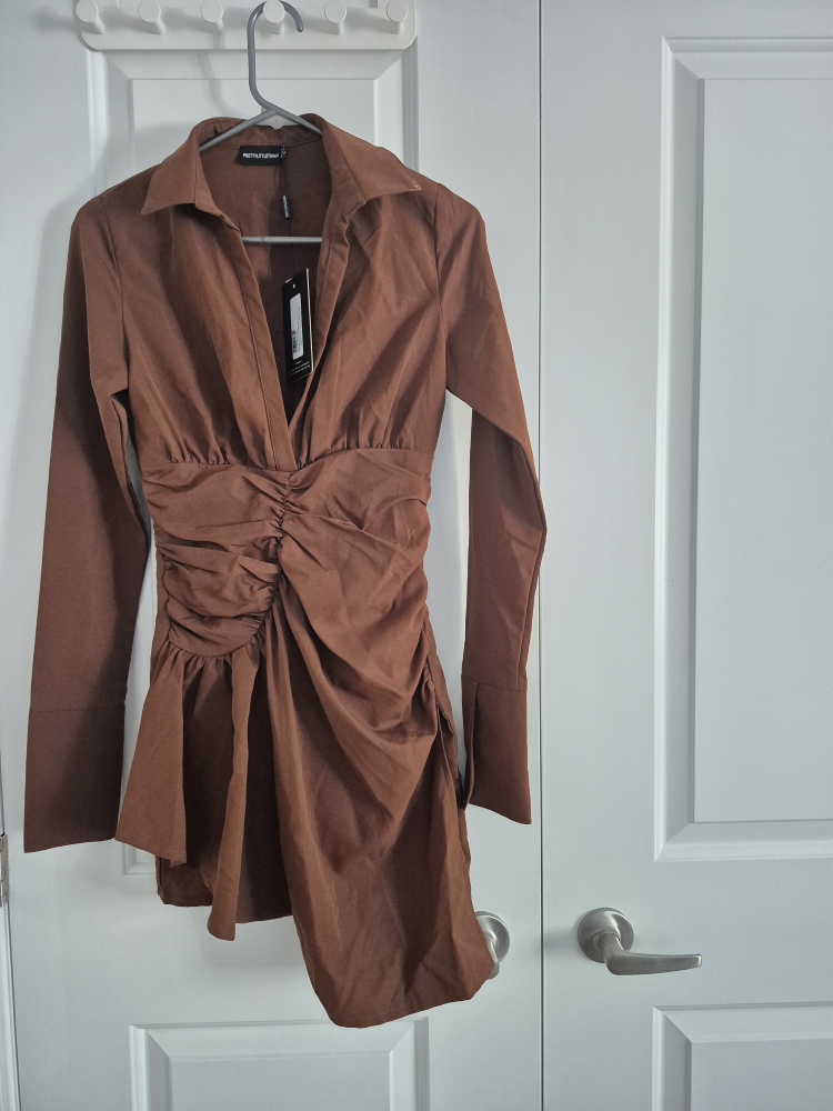 PrettyLittleThing Brown Ruched Mini Dress - Size 6