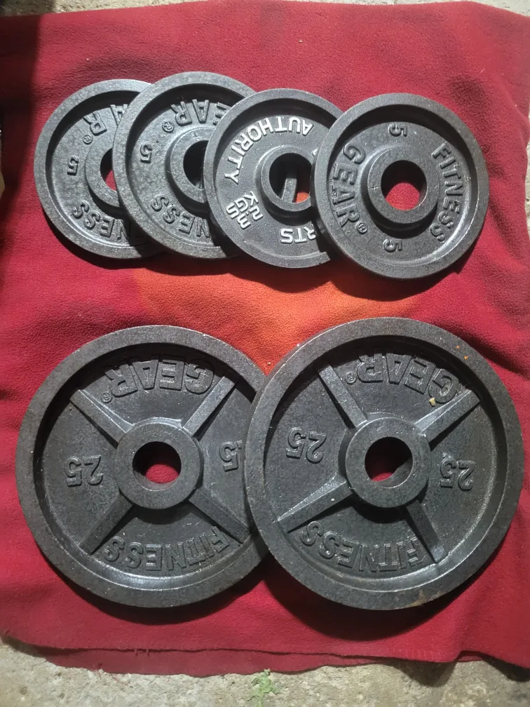 FITNESS  GEAR. 2" HOLE OLYMPIC PLATES 70LBs .   2-25s.  . 4-5s thumbnail