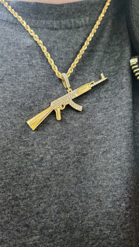 10k Yellow Gold Rope Chain & AK Pendant With Diamonds - photo 2