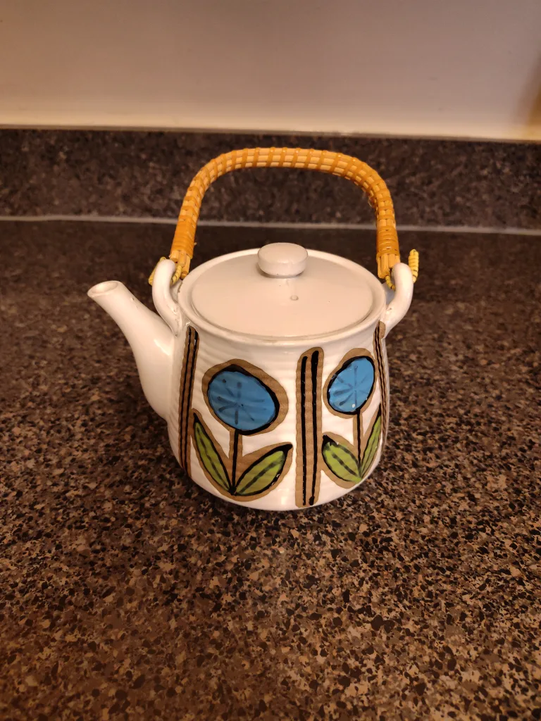 Vintage Floral Teapot with Wicker Handle thumbnail