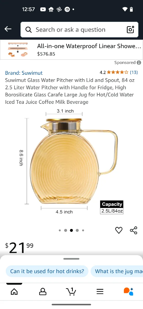 Suwimut Glass Water Pitcher 84 oz thumbnail