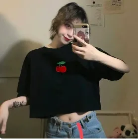 Black Crop Top with Cherry Design thumbnail