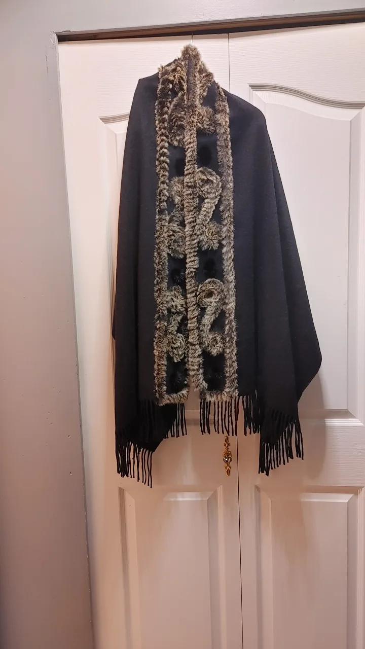 Black Poncho with Faux Fur Trim thumbnail