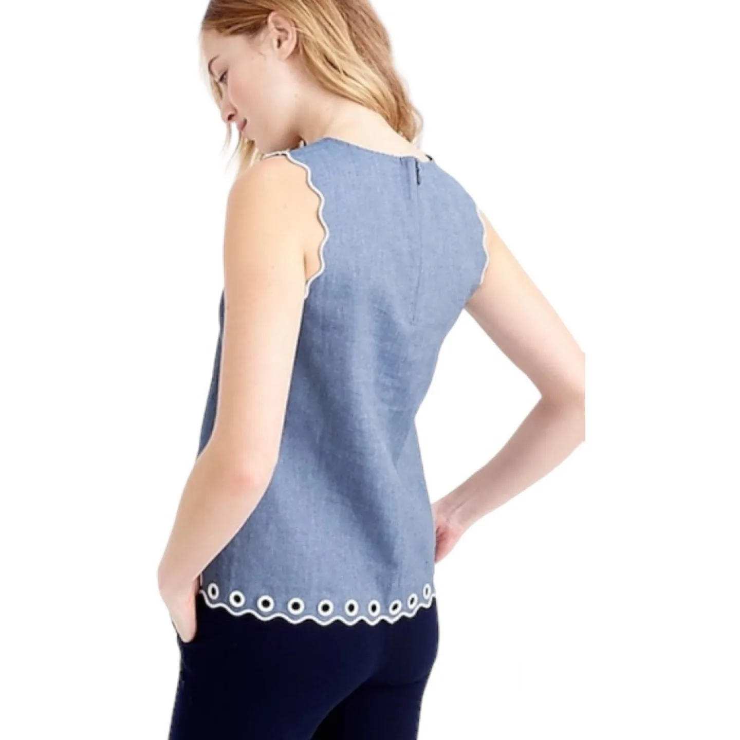 J. Crew Blue Scalloped Top with Grommets Size 0 image indicator(2)