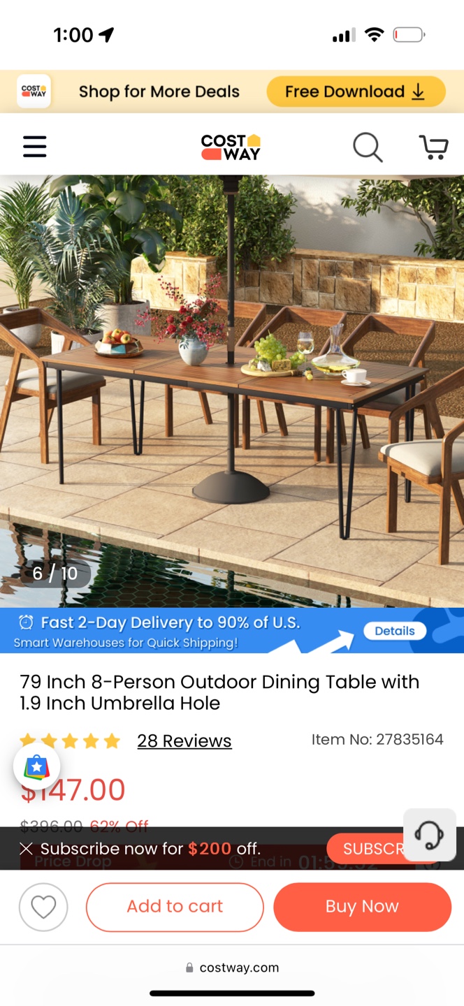 Costway 79 Inch Outdoor Dining Table