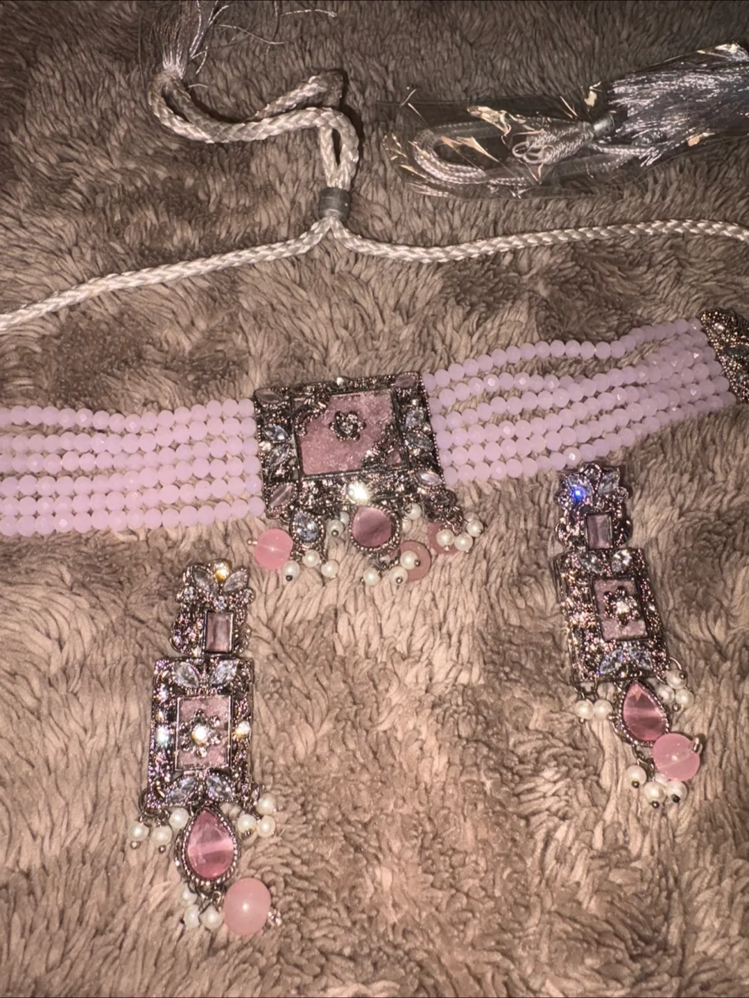Pink Beaded Choker & Earrings Set thumbnail