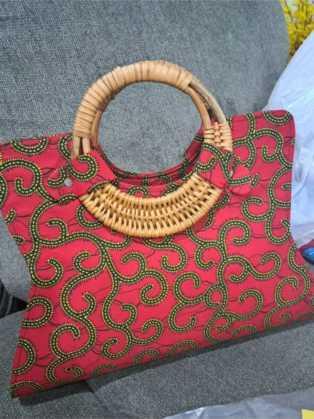 Red Patterned Handbag with Rattan Handle thumbnail