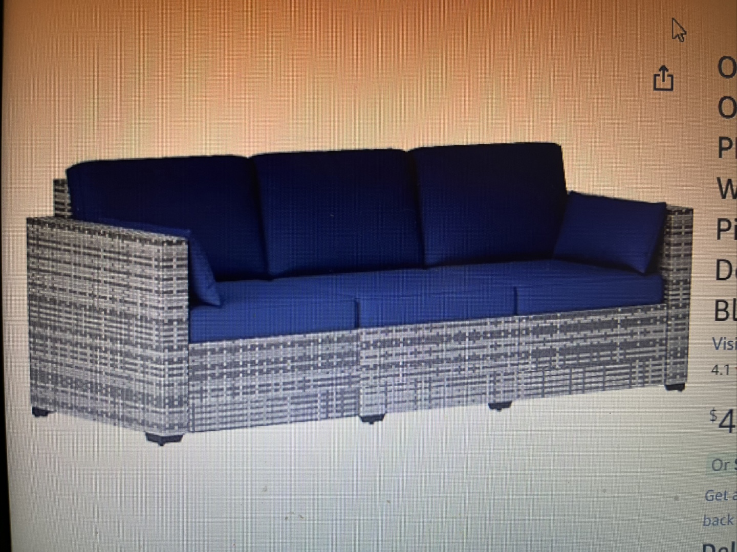 Outdoor Wicker Patio Sofa - Blue Cushions