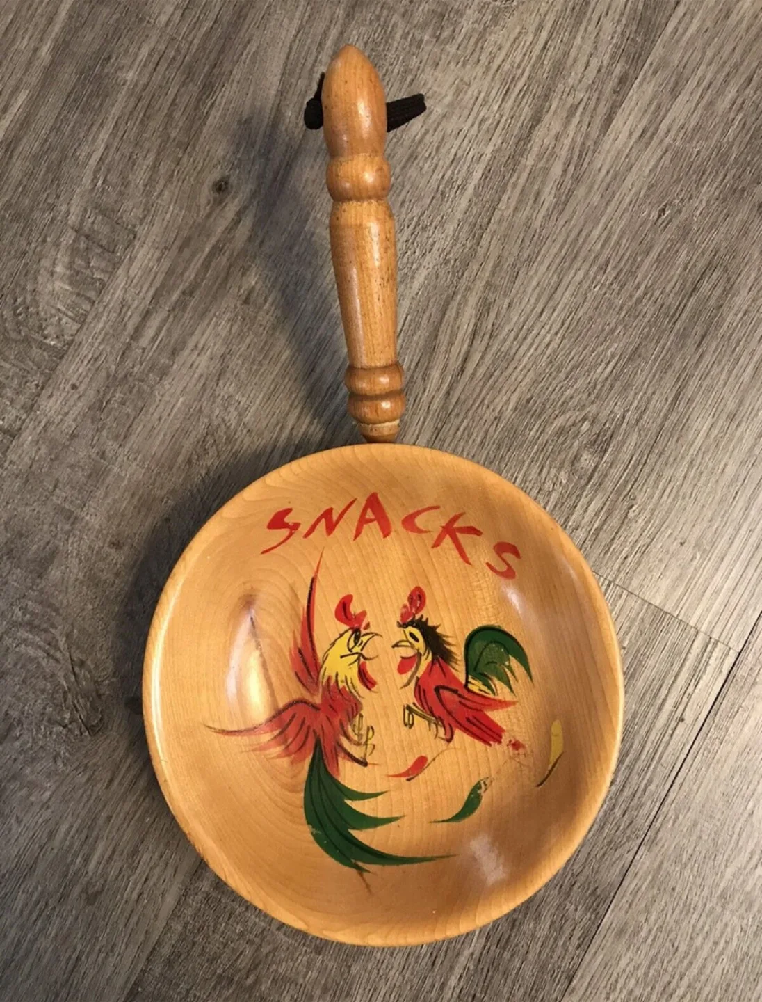 Rooster Wooden Snack Bowl With Handle Vintage Wall Hanging thumbnail
