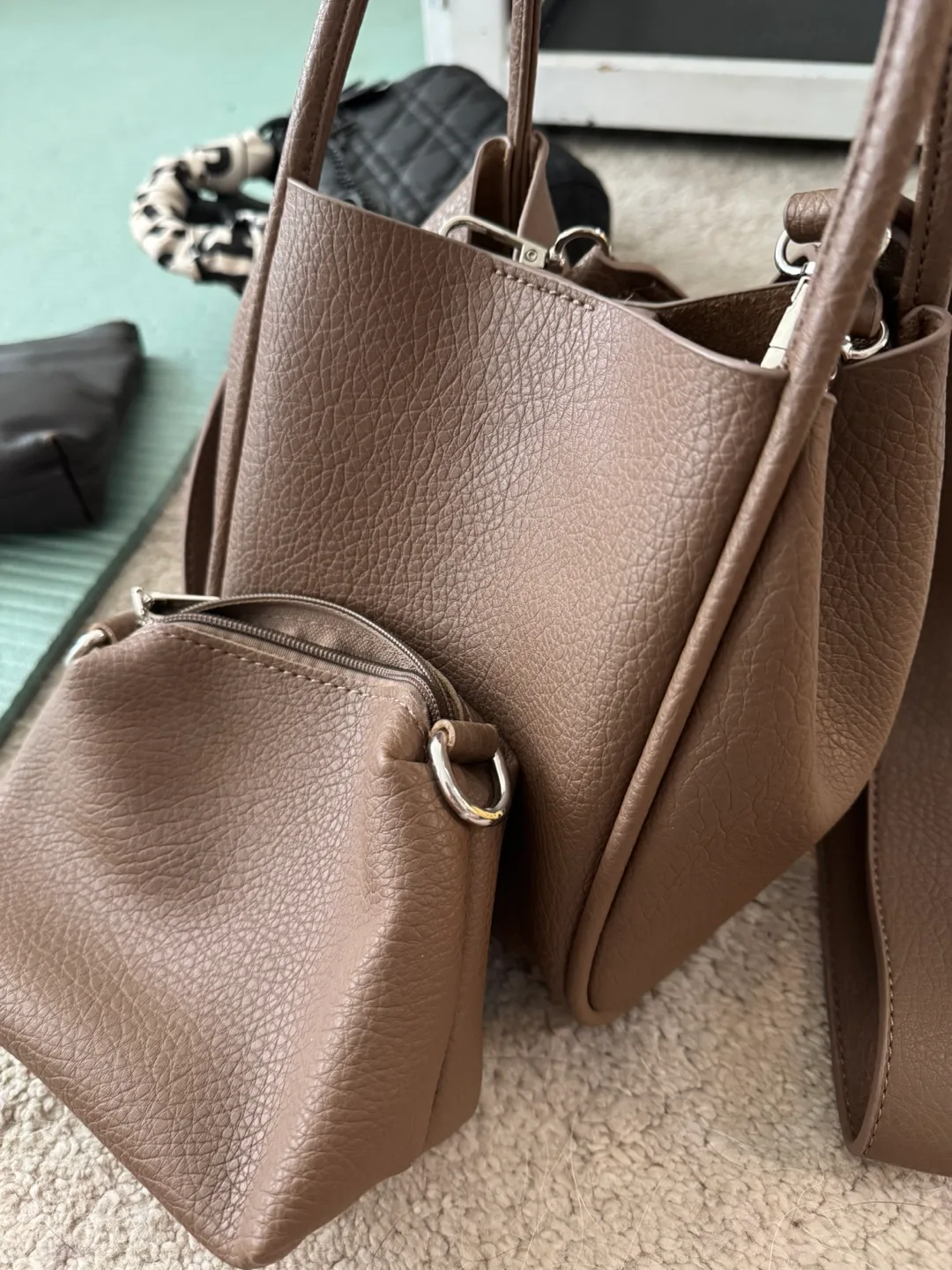 Taupe Leather Bucket Bag with Small Pouch thumbnail