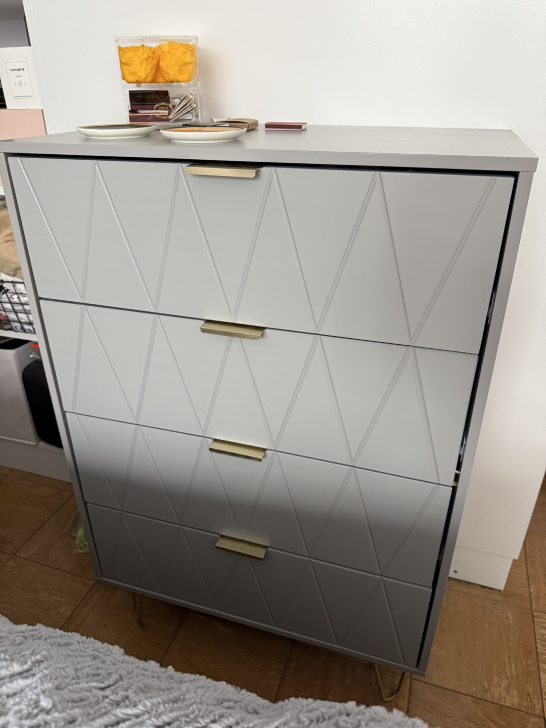 Gray 4-Drawer Dresser with Gold Accents