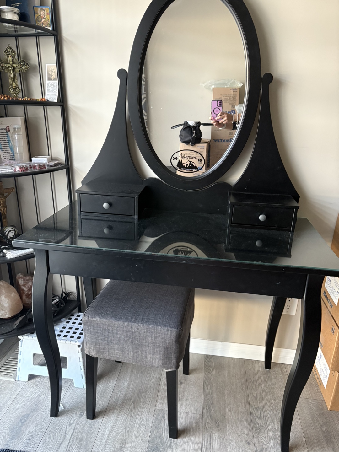 Black Vanity Table with Mirror & Stool