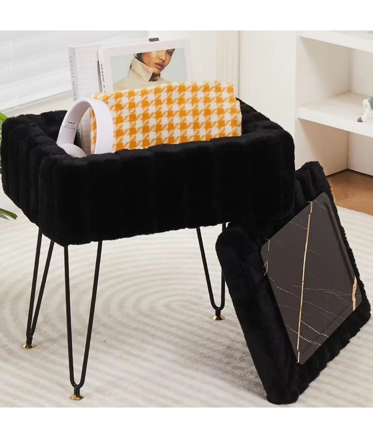 Black Velvet Storage Ottoman Stool thumbnail