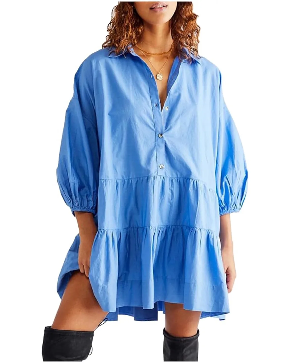 New Summer Mini Dress Puff Sleeve , Button Down Shirt Dress thumbnail