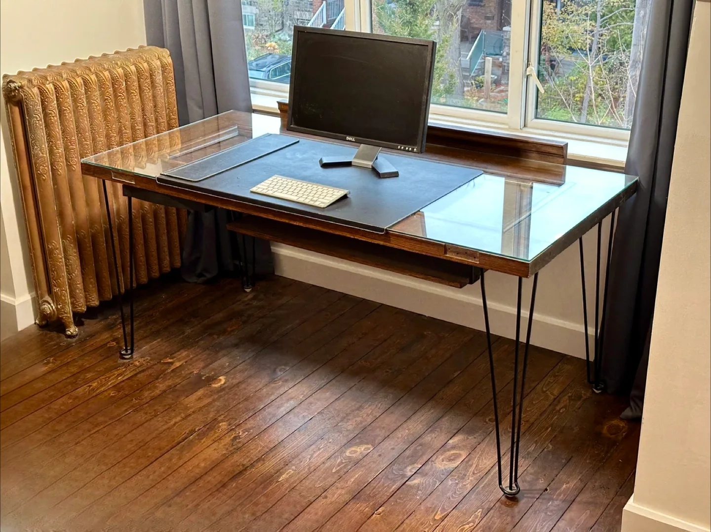 Glass Top Desk with Wooden Base & Hairpin Legs thumbnail