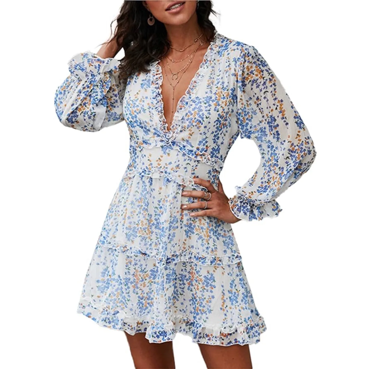 New Deep V Neck Ruffle Long Sleeve Floral Print Mini Dress XL thumbnail