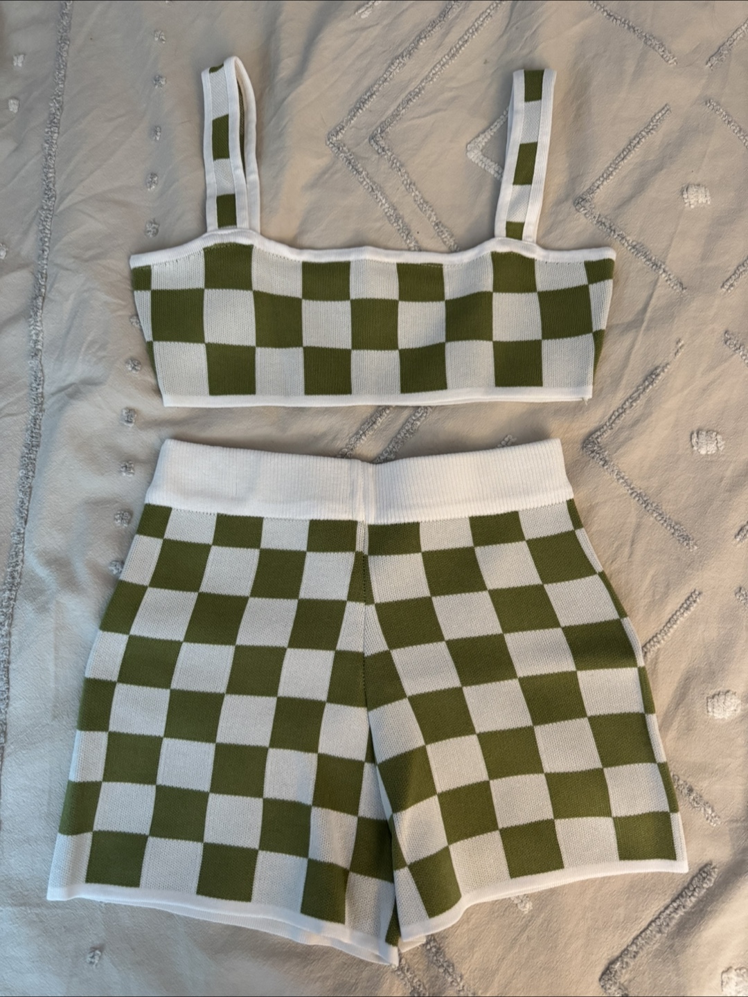 Green & White Checkered Knit Set