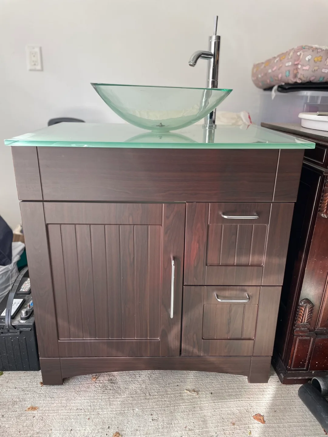Bathroom Vanity with Glass Top and Vessel Sink thumbnail