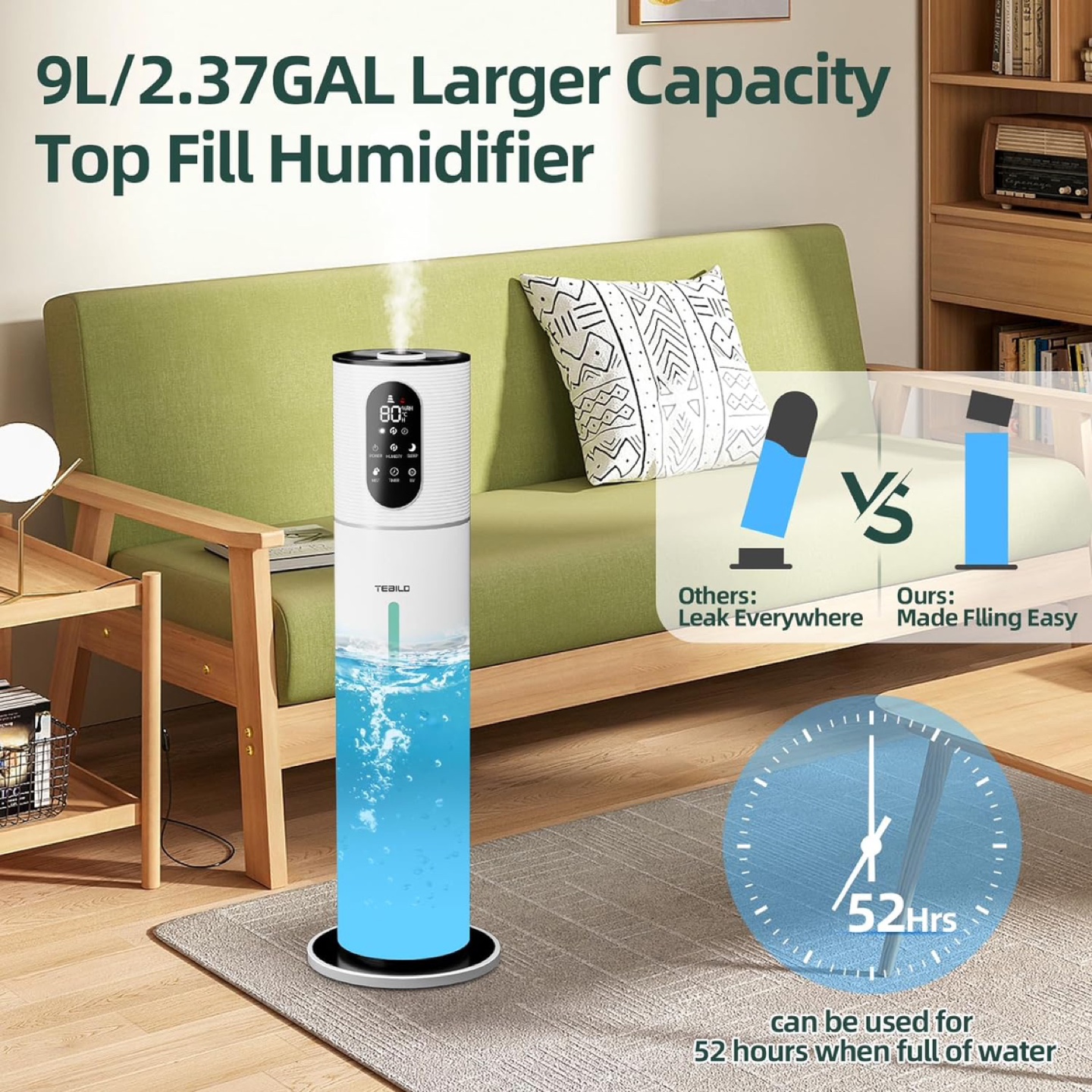 New - TEBILD Humidifiers for Bedroom Large Room, 9L/2.37Gal - photo 5