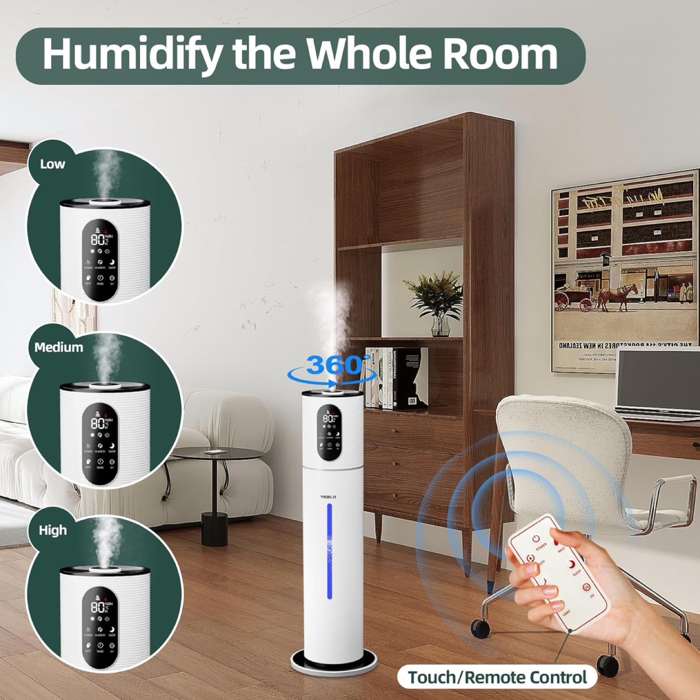 New - TEBILD Humidifiers for Bedroom Large Room, 9L/2.37Gal - photo 2