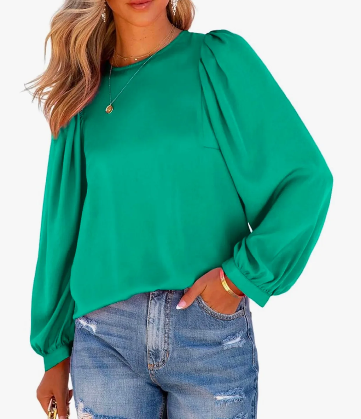 New Silky Casual Crewneck Puff Long balloon Sleeves blouse thumbnail