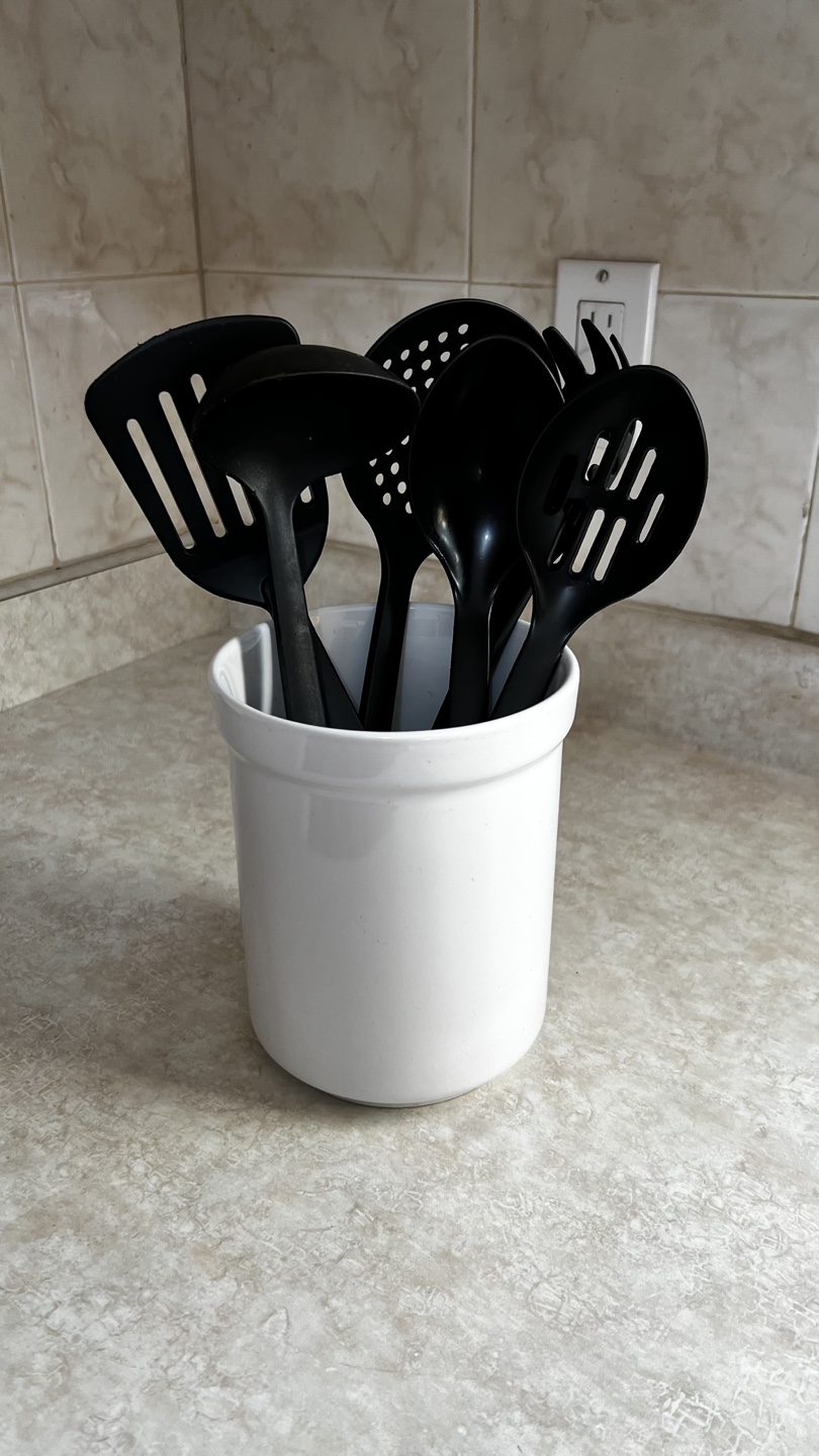 Black Kitchen Utensils with White Holder