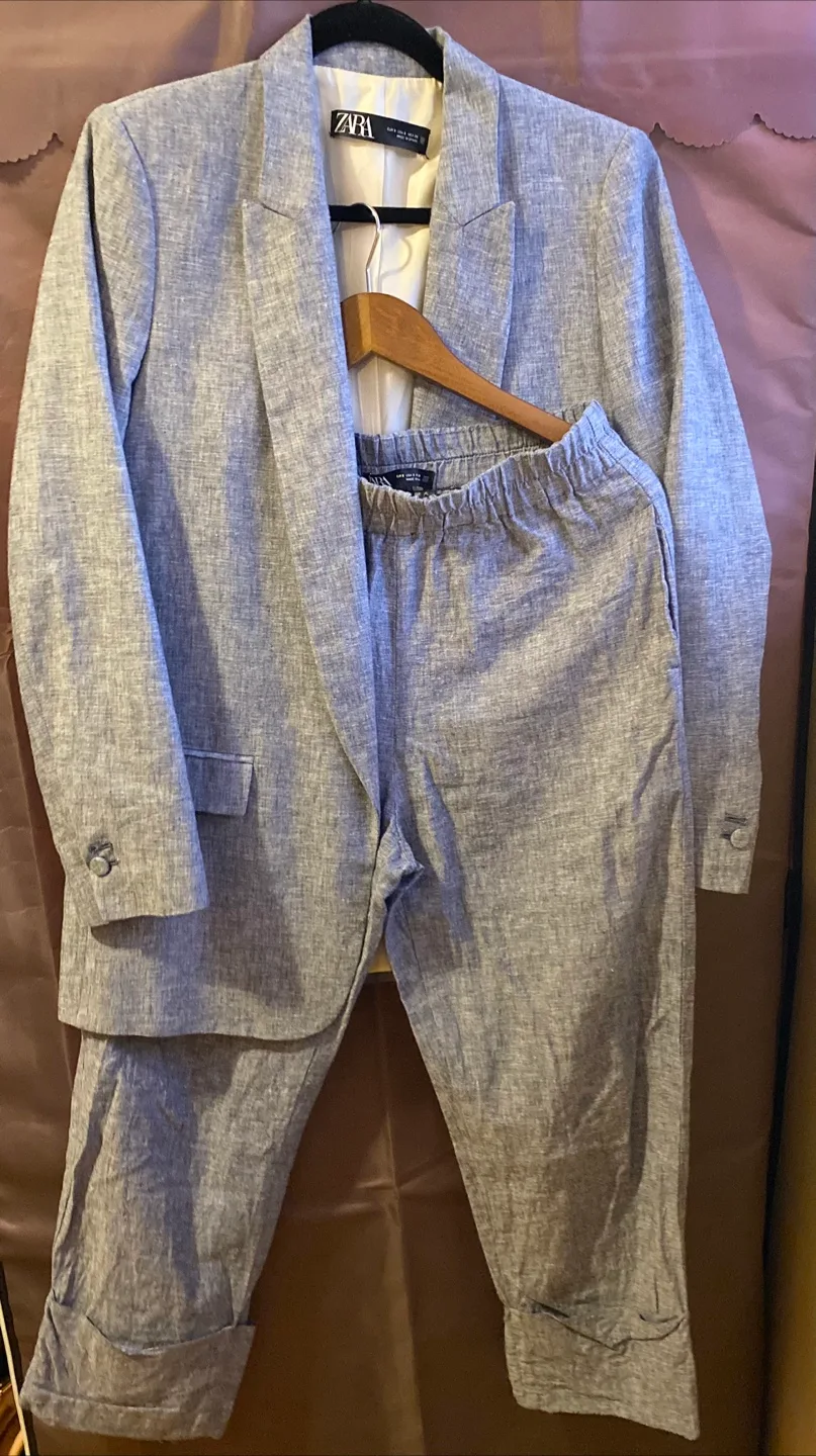 ZARA LINEN BLEND SUIT SET-GREYISH BLUE thumbnail