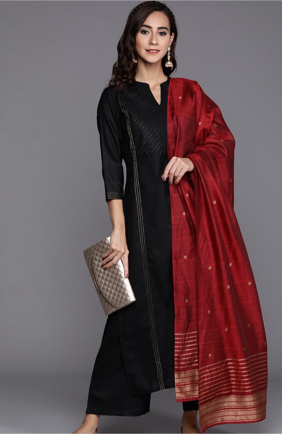 Black Kurtha Set with Red Dupatta