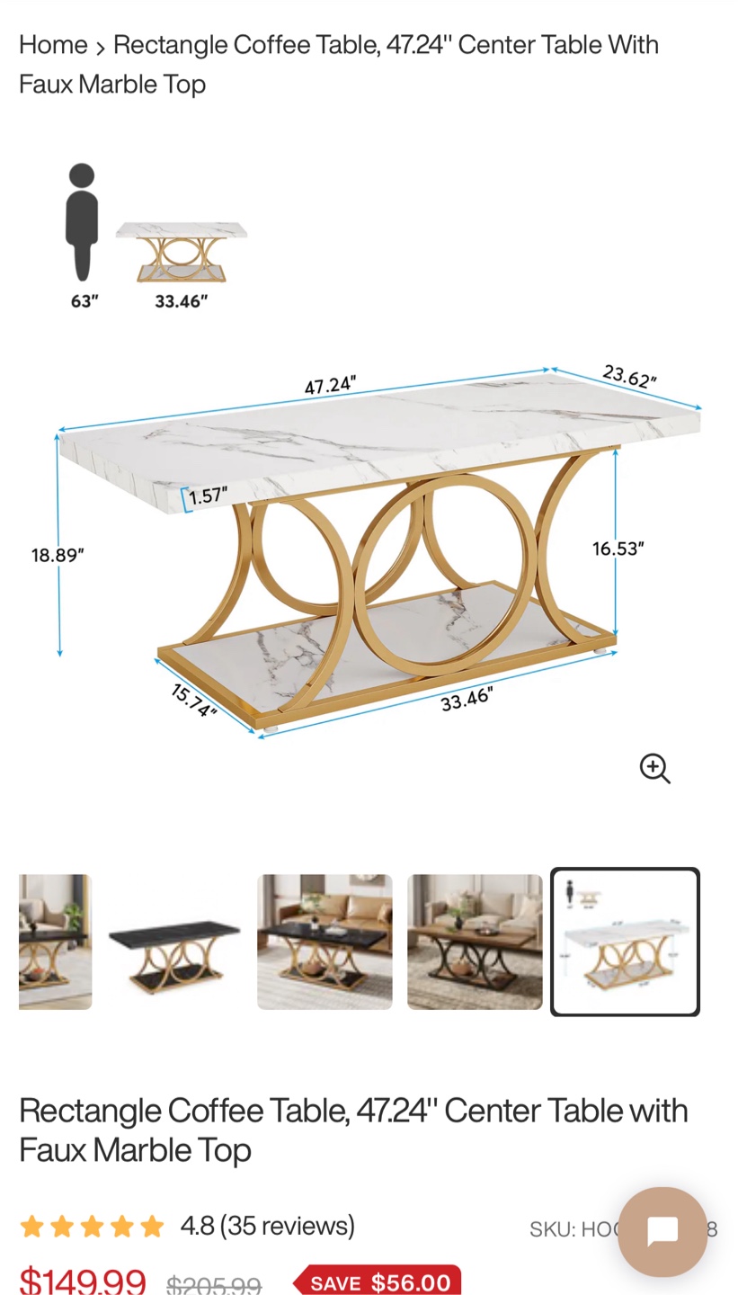 Tribesigns Rectangle Coffee Table - Marble/Gold - photo 2