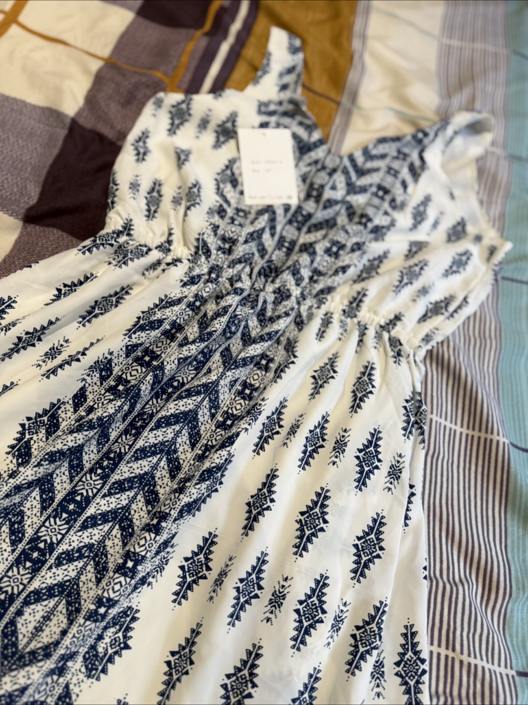 White & Blue Patterned Sundress - Size S