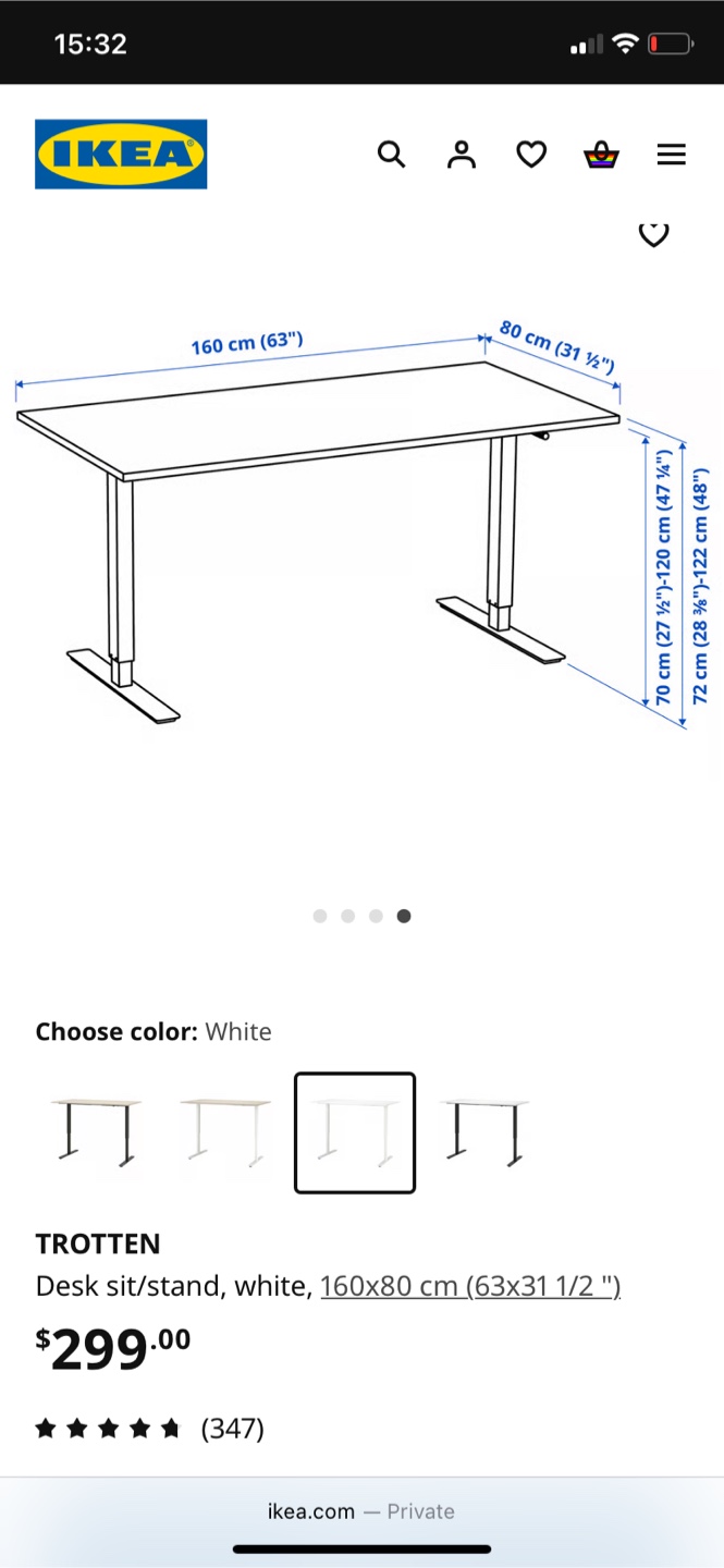 IKEA Trotten Desk Sit/Stand, White, 160x80cm - photo 3